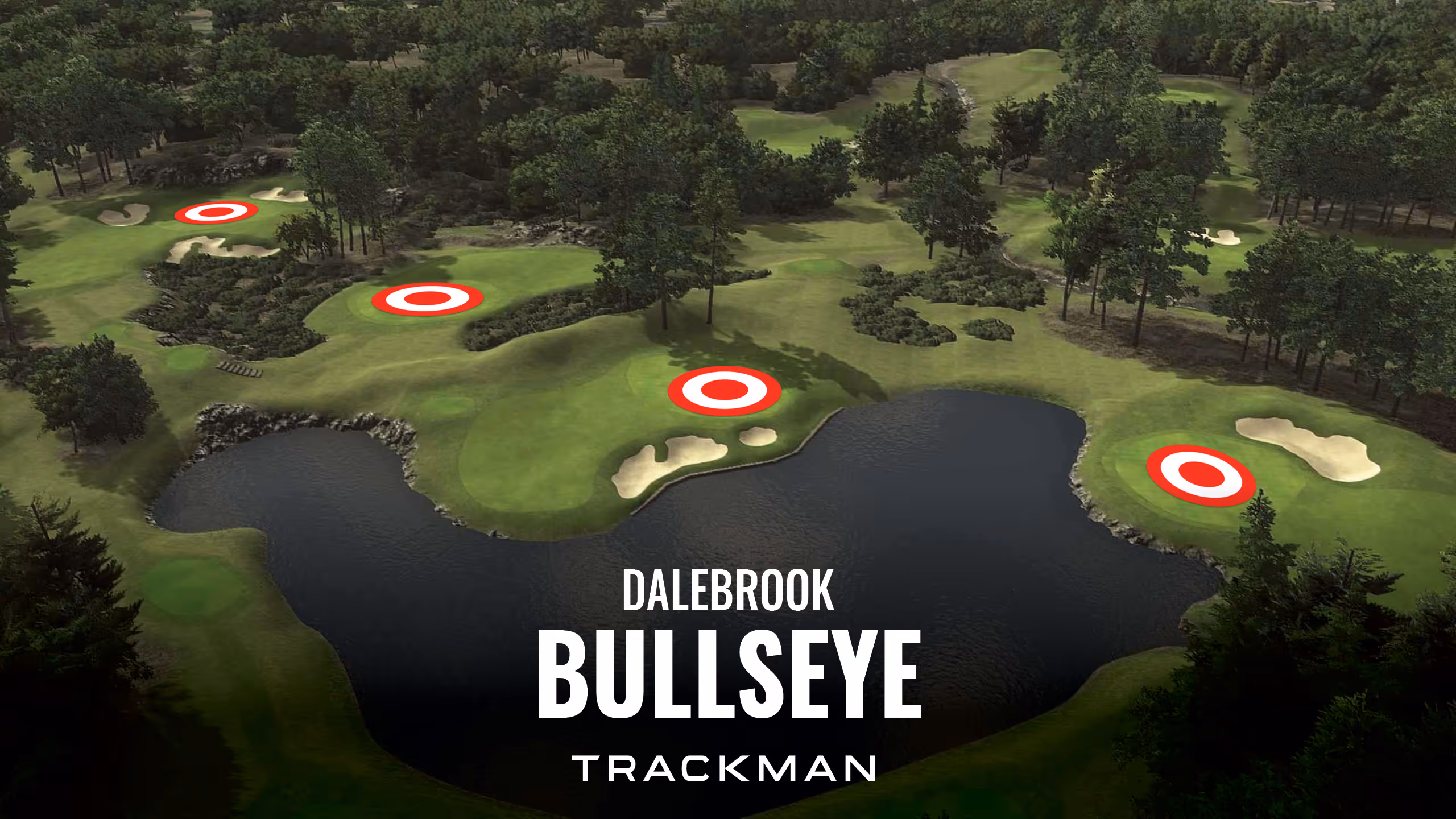 Aerial view of a golf course with four red and white bullseye targets marked around a central water hazard.
