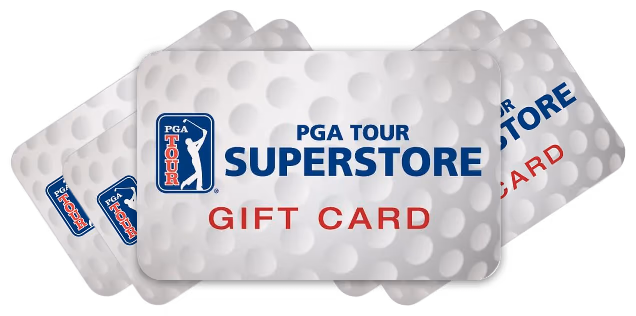 PGA TOUR Superstore gift cards featuring a golf ball texture background and blue and red text.
