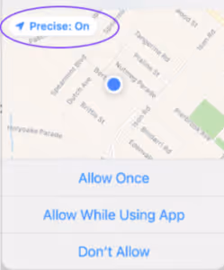 Map showing a blue location dot with a banner indicating 'Precise: On' and three options below: Allow Once, Allow While Using App, Don’t Allow.