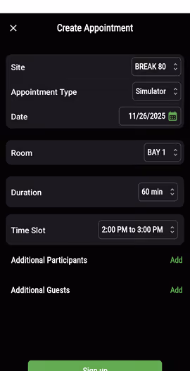 Mobile app screen for creating an appointment with options for site, appointment type, date, room, duration, time slot, and adding participants or guests.