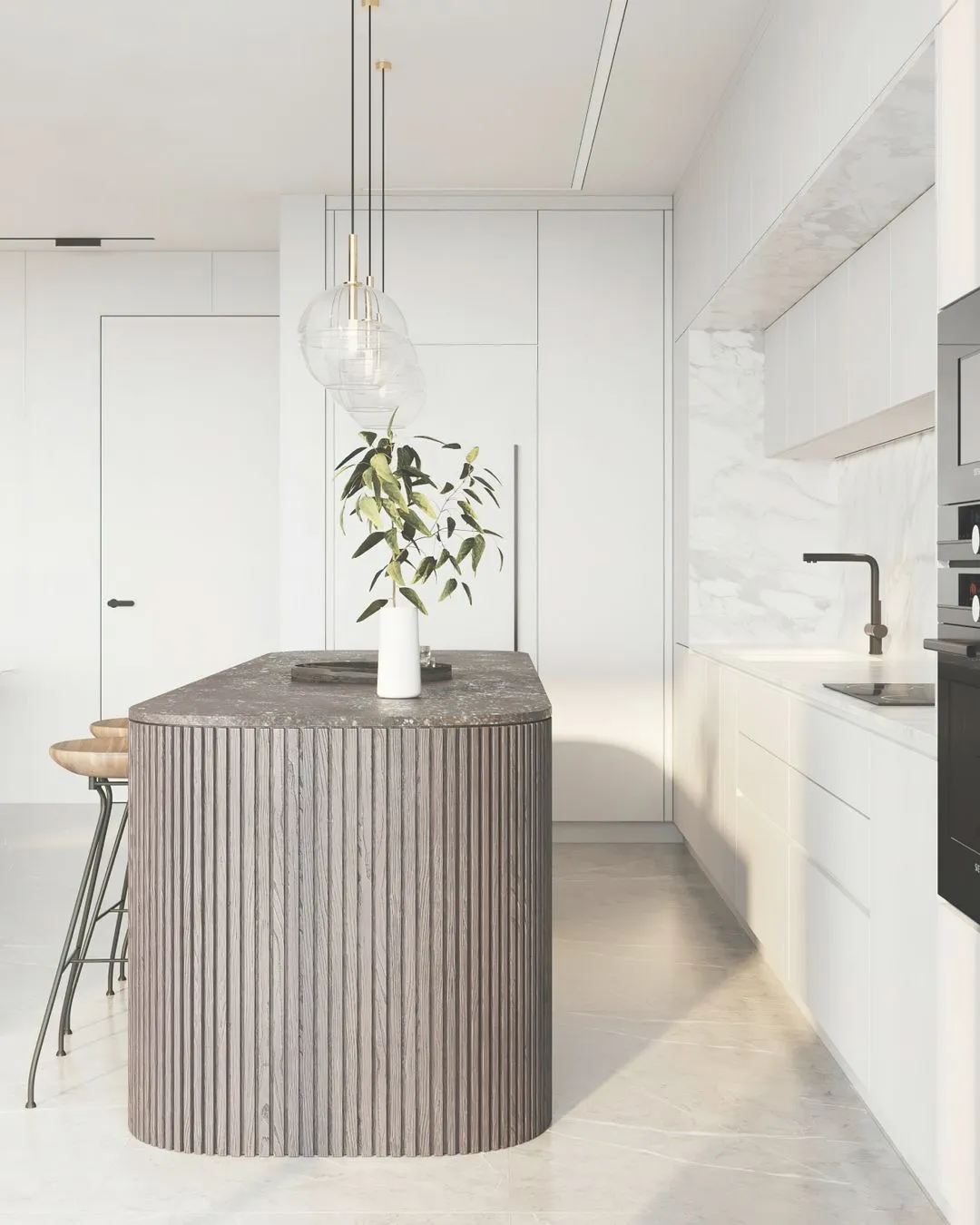 Bright kitchen with brown modern counter