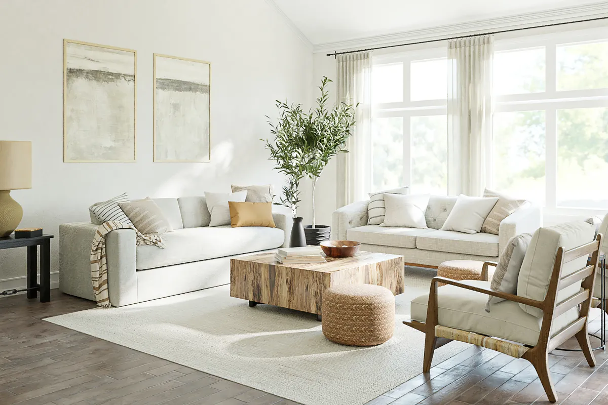 Living room with large window, sofa, and center plant