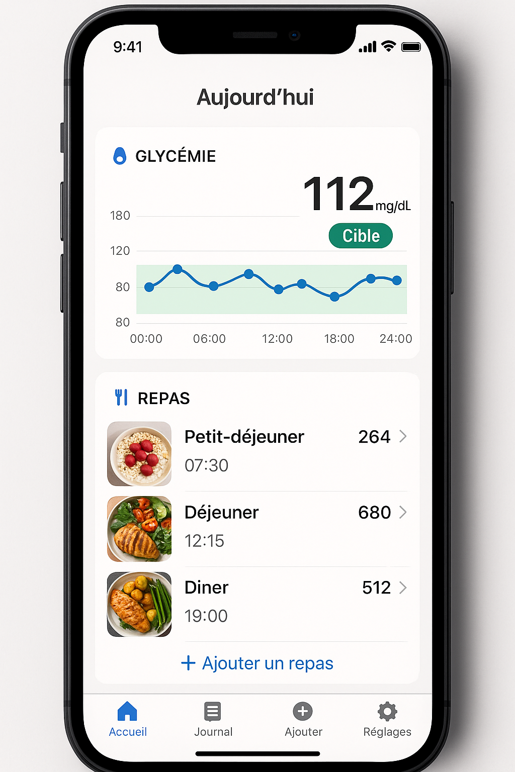 application mobile pour diabétiques affichant le suivi de la glycémie et des repas