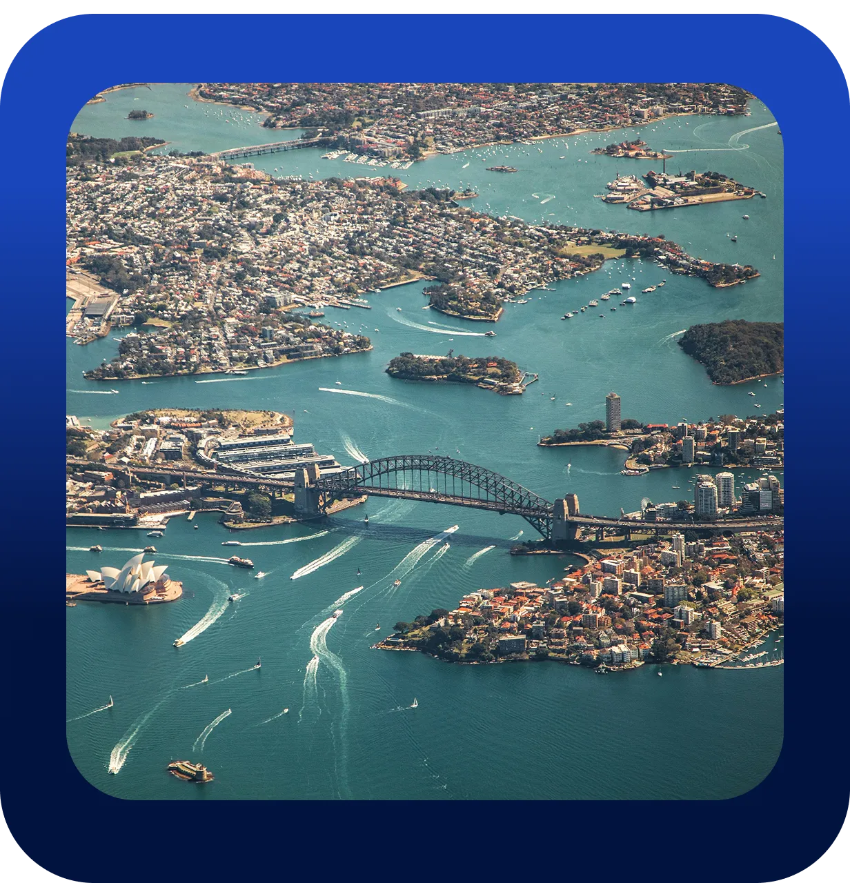 Aerial view of Sydney Harbour featuring the Sydney Harbour Bridge spanning the waterway with multiple boats creating white trails, surrounded by urban buildings and the Sydney Opera House visible on the left side near the water.