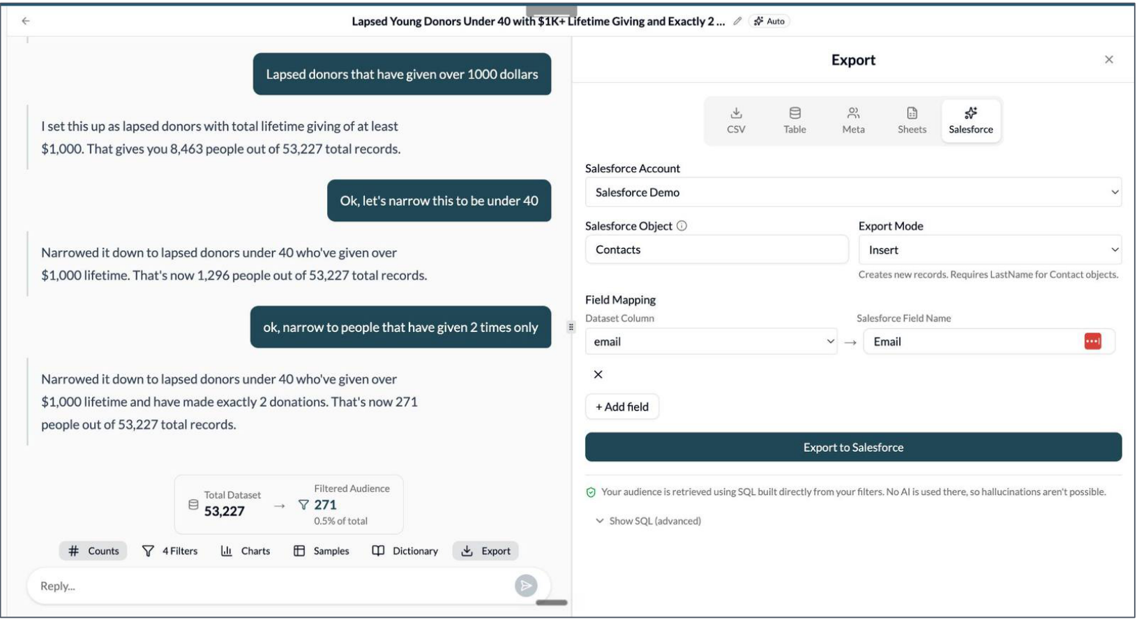 Building a donor segment in plain English in Civis Audience Builder, with export to Salesforce