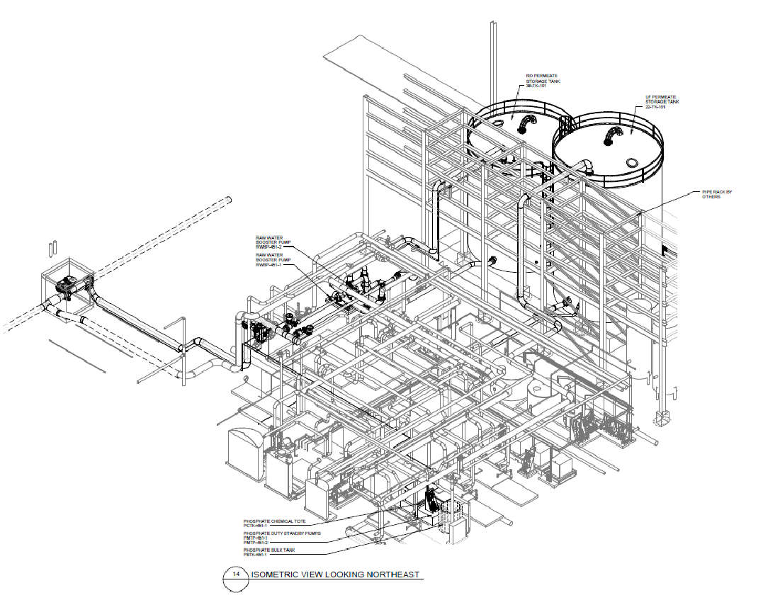 Technical isometric drawing of utility equipment showing pipeline layout