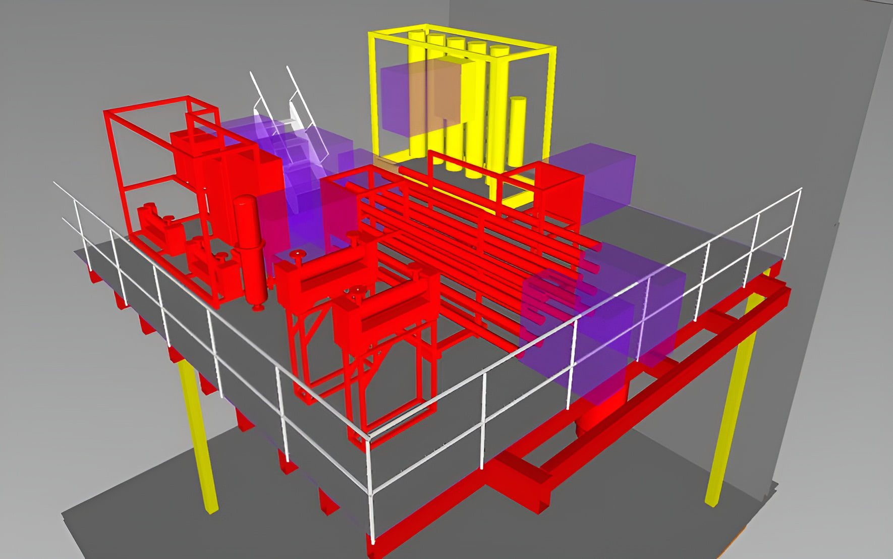 3D rendering of industrial platform with red components and yellow safety features