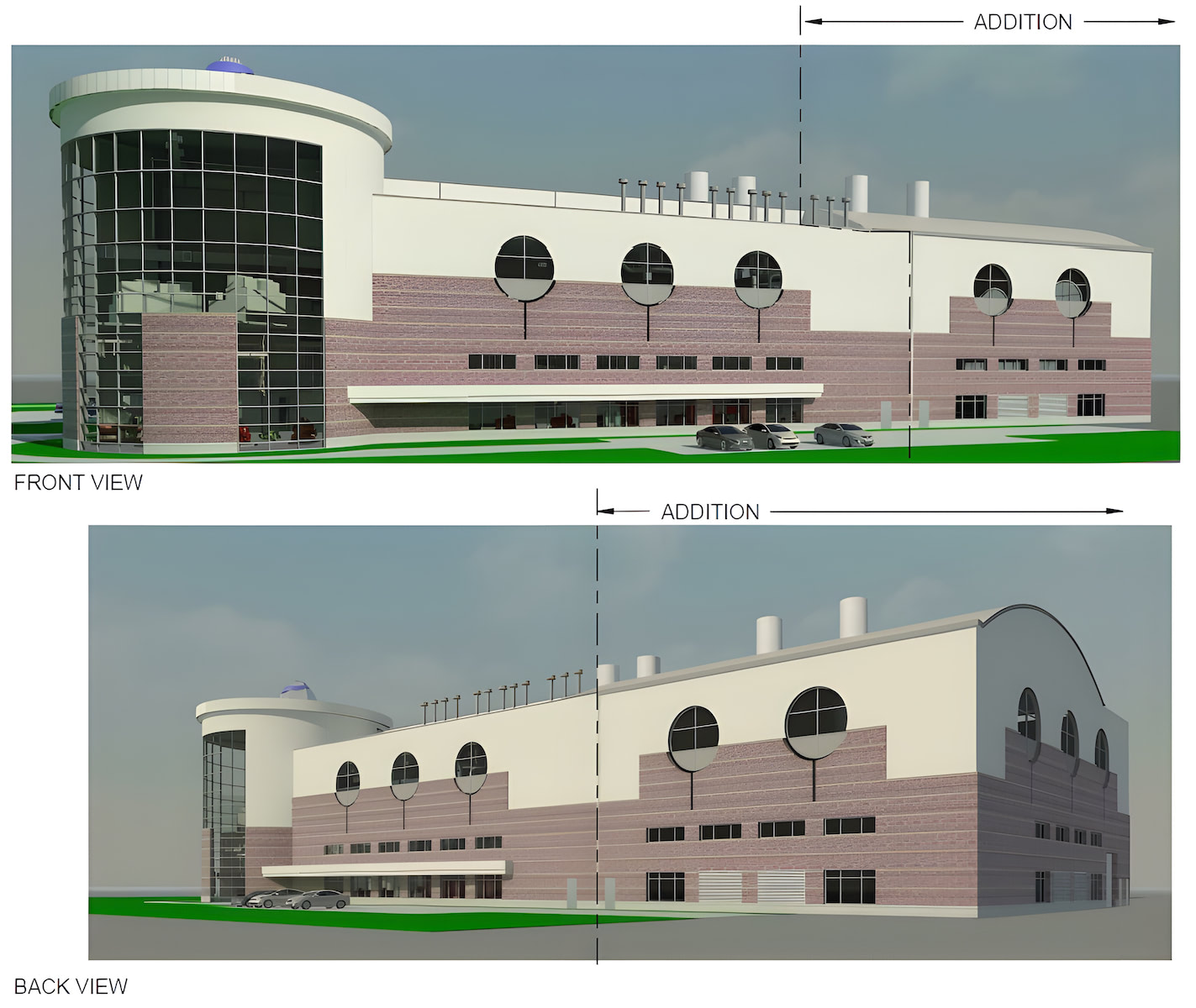 Multiple views of utility building with ventilation units on roof