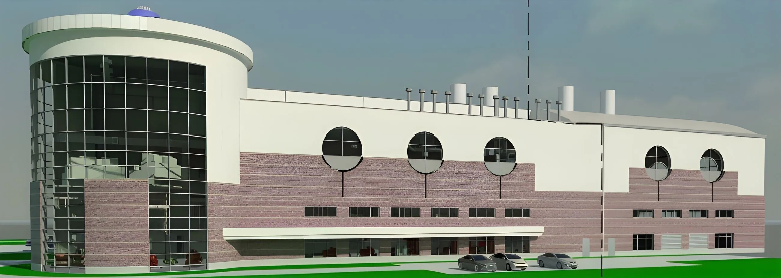 Architectural rendering of utility building with multiple ventilation units on roof