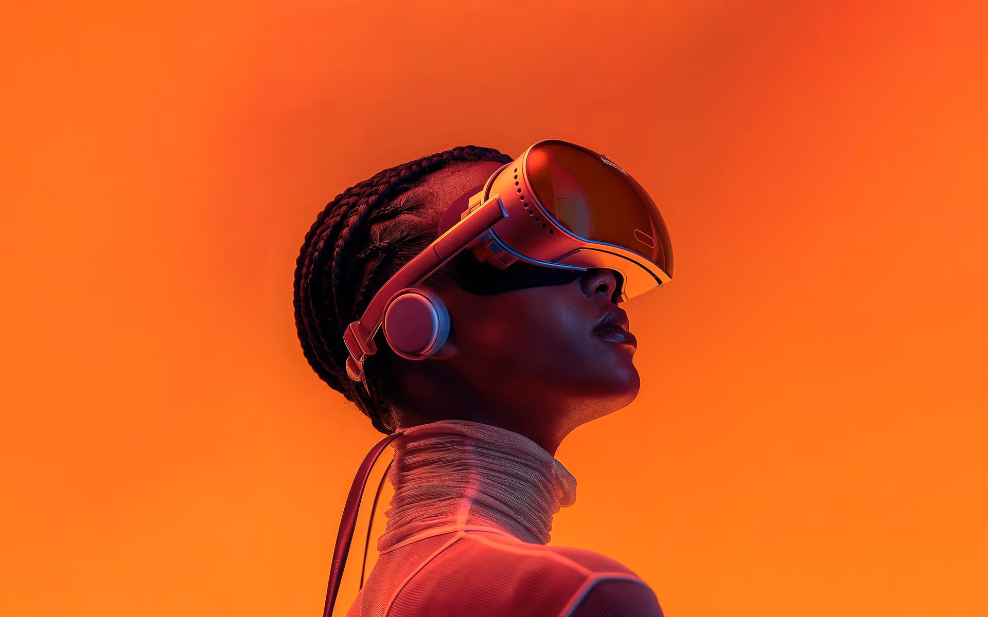A woman in virtual reality glasses against the background of an orange wall.