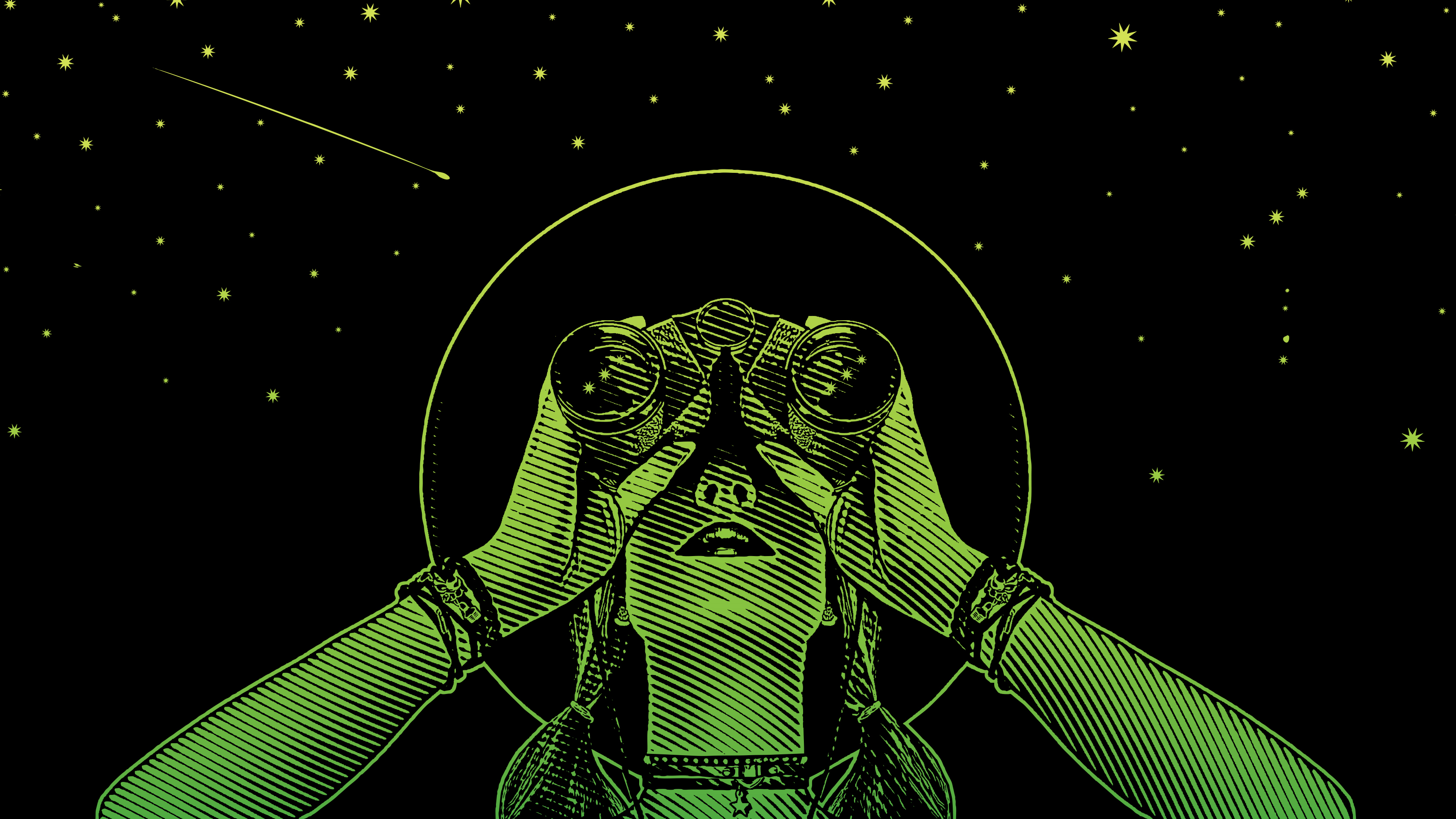 Young hipster woman with binoculars and stars - stock illustration