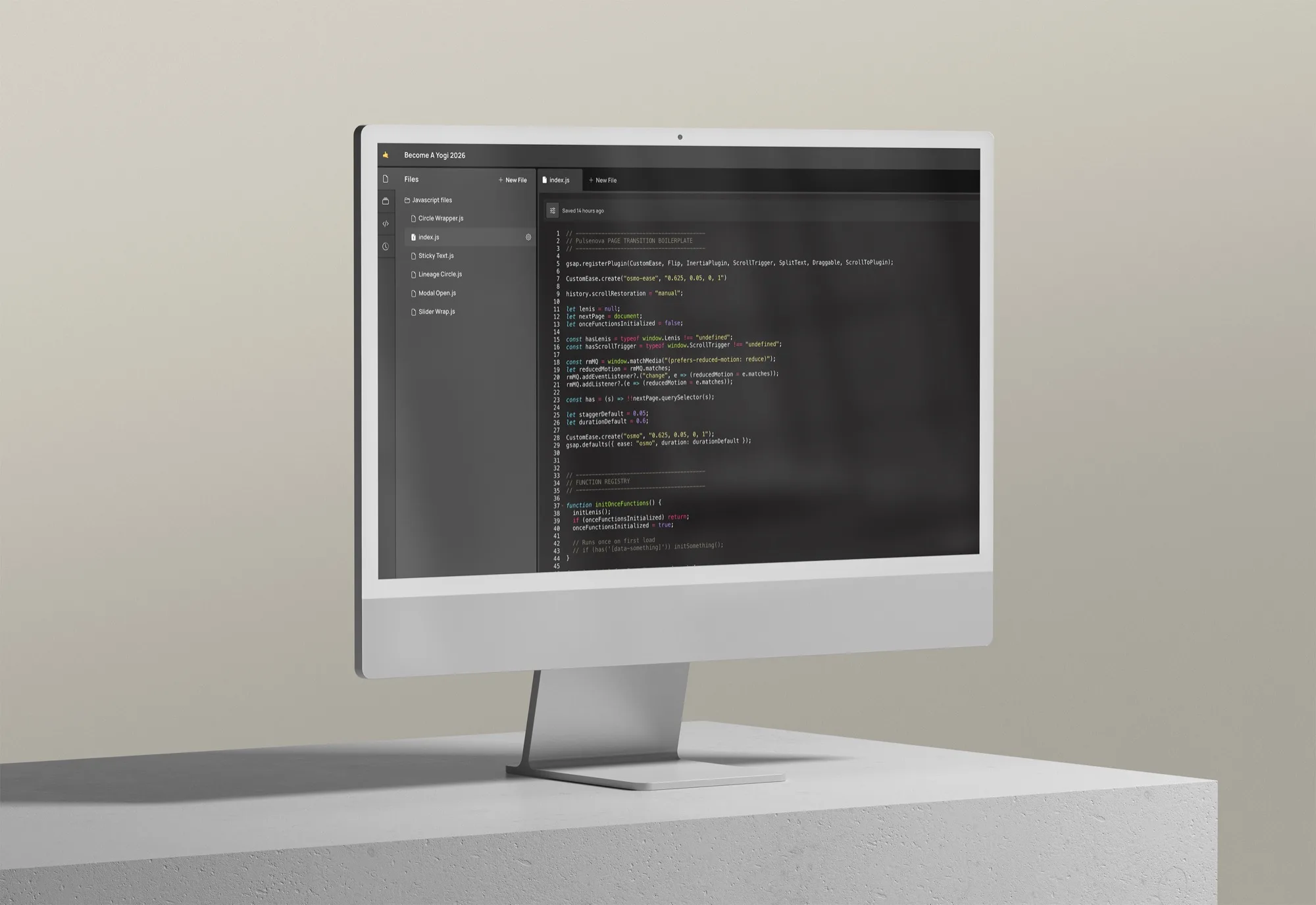 The Become A Yogi site on a Pro Display, showing the custom code layer