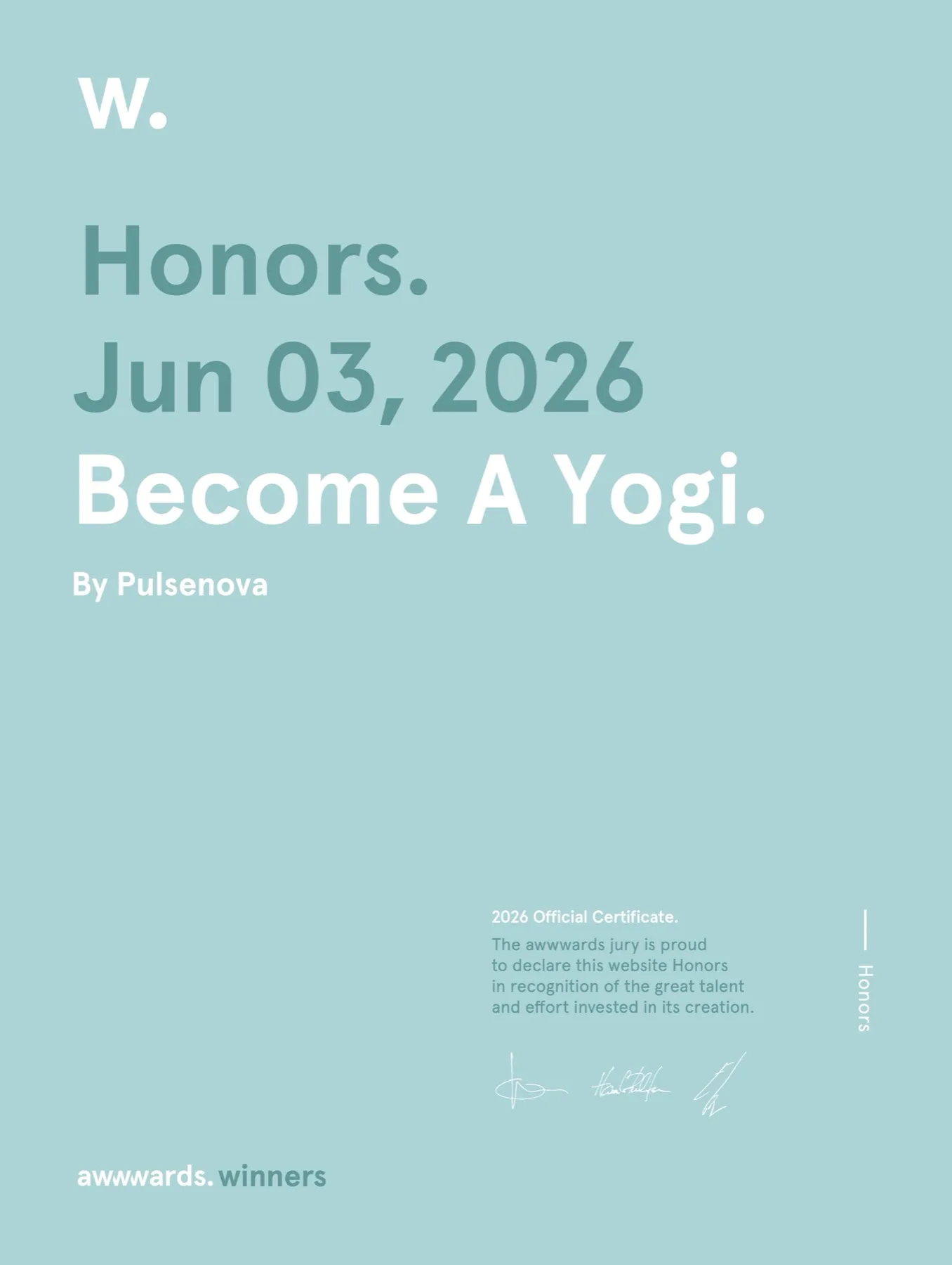 Awwwards certificate, Honors, 3 June 2026, Become A Yogi by Pulsenova