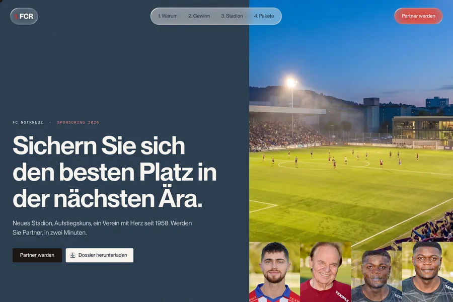 The FC Rotkreuz sponsoring page with a floodlit pitch, player portraits and the headline Sichern Sie sich den besten Platz in der naechsten Aera