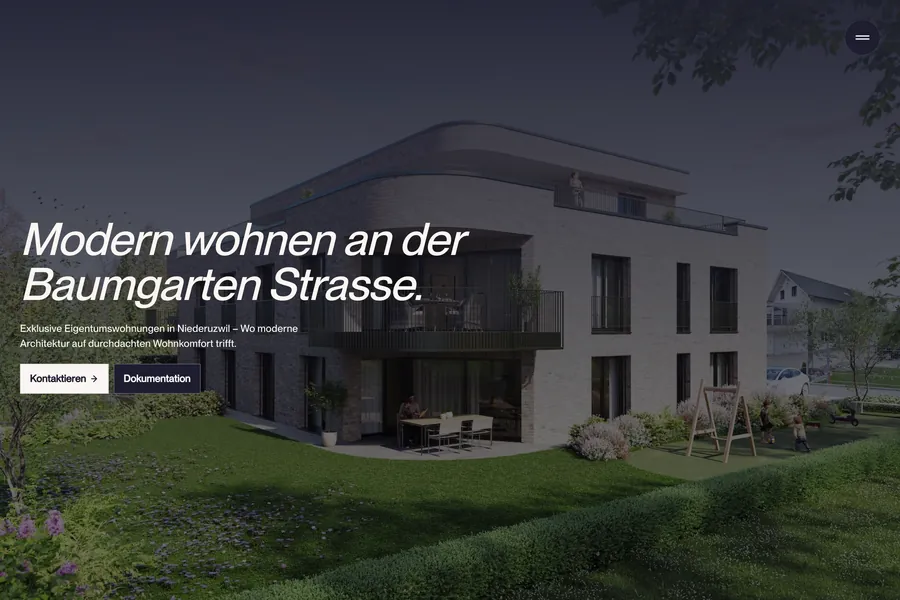 The Baumgartenstrasse property website showing a rendering of a modern apartment building, headline Modern wohnen an der Baumgarten Strasse
