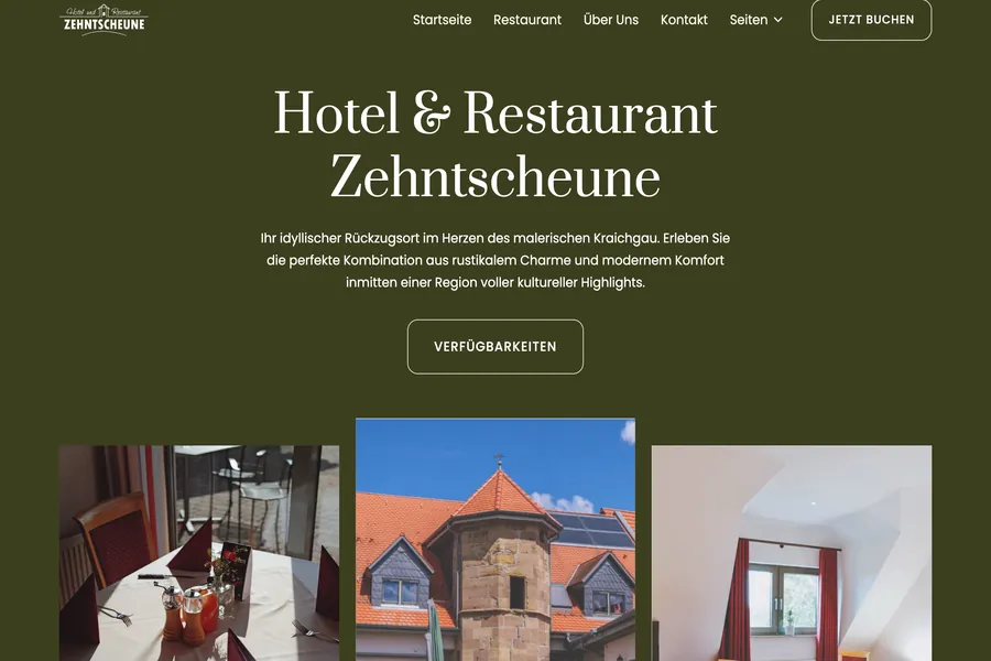 The Hotel und Restaurant Zehntscheune website, a deep green page with photographs of the dining room and the building