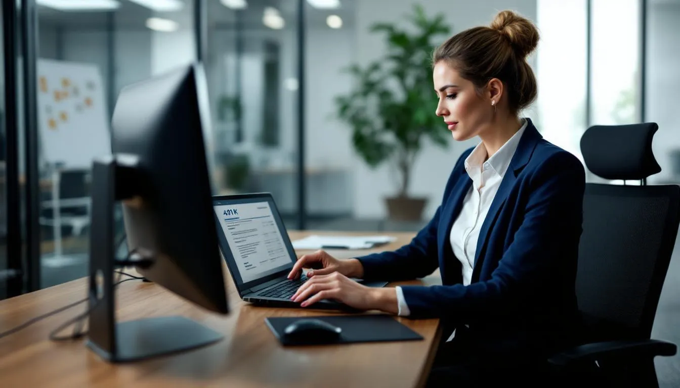 A professional woman is seated at a modern desk, intently reviewing her 401k account statement on a computer screen, highlighting her focus on retirement planning and ensuring she has enough money for a comfortable retirement. The office setting is sleek and organized, reflecting a commitment to informed financial decisions regarding her retirement savings.