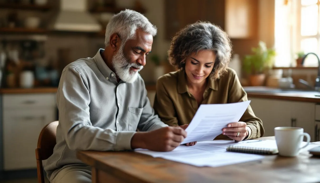 A diverse senior couple is seated at their kitchen table, reviewing Social Security documents together, which reflects their proactive approach to retirement planning. They are focused on understanding their retirement benefits and ensuring they have enough savings to cover living expenses during retirement.