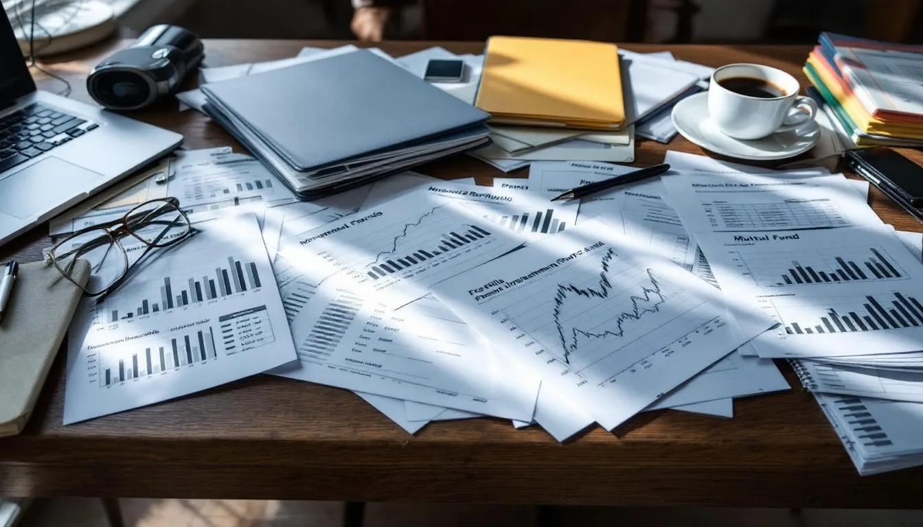 An image of various investment portfolio charts and mutual fund documentation is spread across a desk, illustrating essential elements of financial planning for retirement. This scene represents the importance of informed decisions regarding retirement savings, retirement accounts, and preparing for living expenses in retirement.