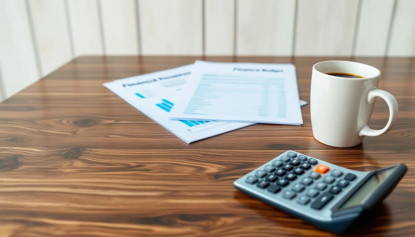 A calculator, financial documents, and budget spreadsheets are arranged neatly on a wooden desk, accompanied by a cup of coffee, suggesting a scene of financial planning and retirement savings preparation. This setup reflects the importance of informed decisions in creating a comfortable retirement plan.