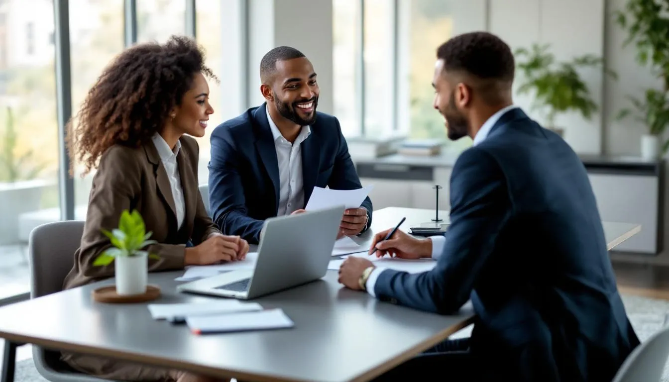 A professional financial advisor is meeting with a diverse couple at a modern office desk, reviewing important retirement documents to help them plan for retirement. The discussion likely includes topics such as retirement savings, living expenses, and social security benefits, ensuring they make informed decisions for a comfortable retirement.