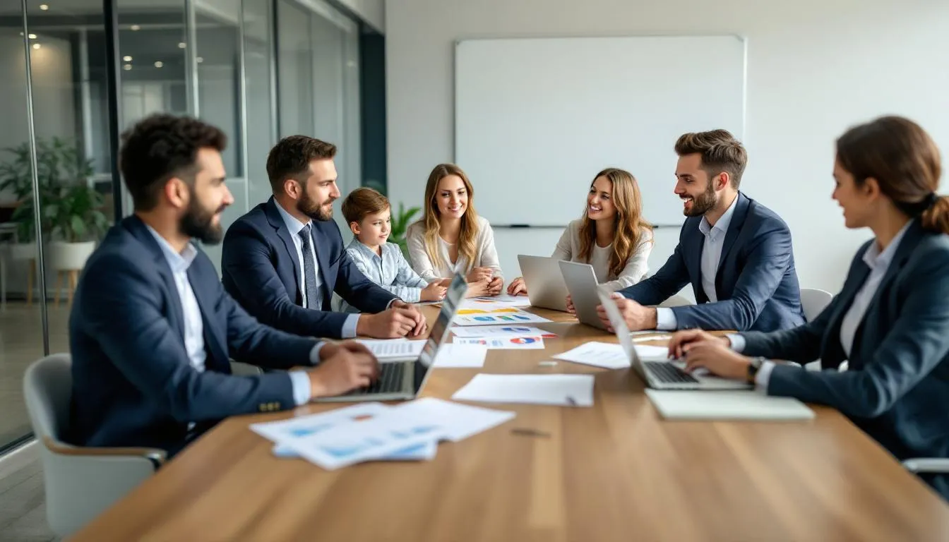A family is seated around a conference table with financial advisors, engaged in a discussion about various documents related to wealth management and financial planning. The atmosphere is professional, with papers and digital tools laid out, indicating a thorough approach to investment management and future financial strategies.