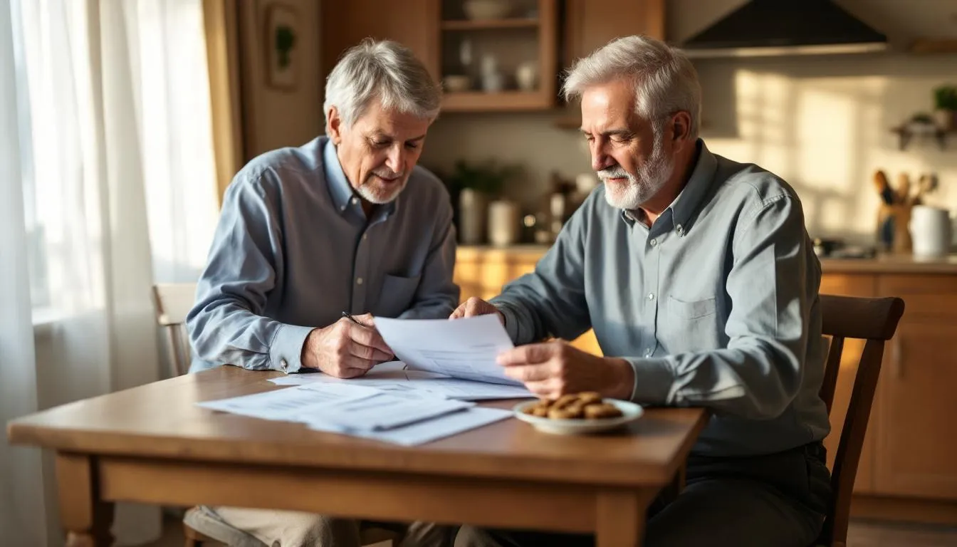 In the image, an elderly couple is seated at a kitchen table, deeply engaged in reviewing financial documents related to their retirement savings and planning. They appear focused on discussing aspects like their retirement budget, social security benefits, and the necessary steps to secure a comfortable retirement lifestyle.