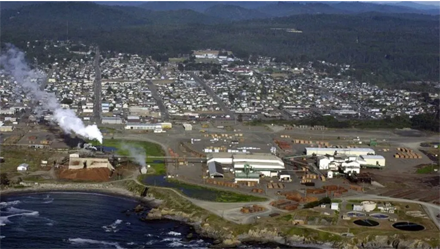 Arial view of operating Georgia Pacific Sawmill, showing Sawmill Number two, the sorter, planer, mill pond and powerhouse.ill
