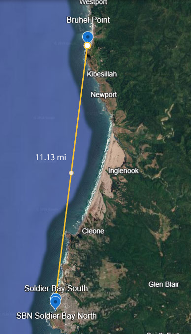 Google Earth image showing Soldier Bay and reference site Bruhel Point, 11 miles north.