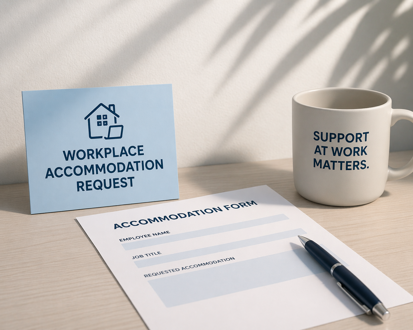 desk scene with a workplace accommodation request card, accommodation form, pen, and coffee mug
