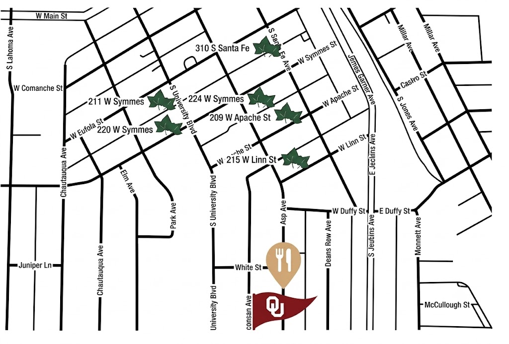 Map of Campus Corner in Norman Oklahoma showing Ivy Properties