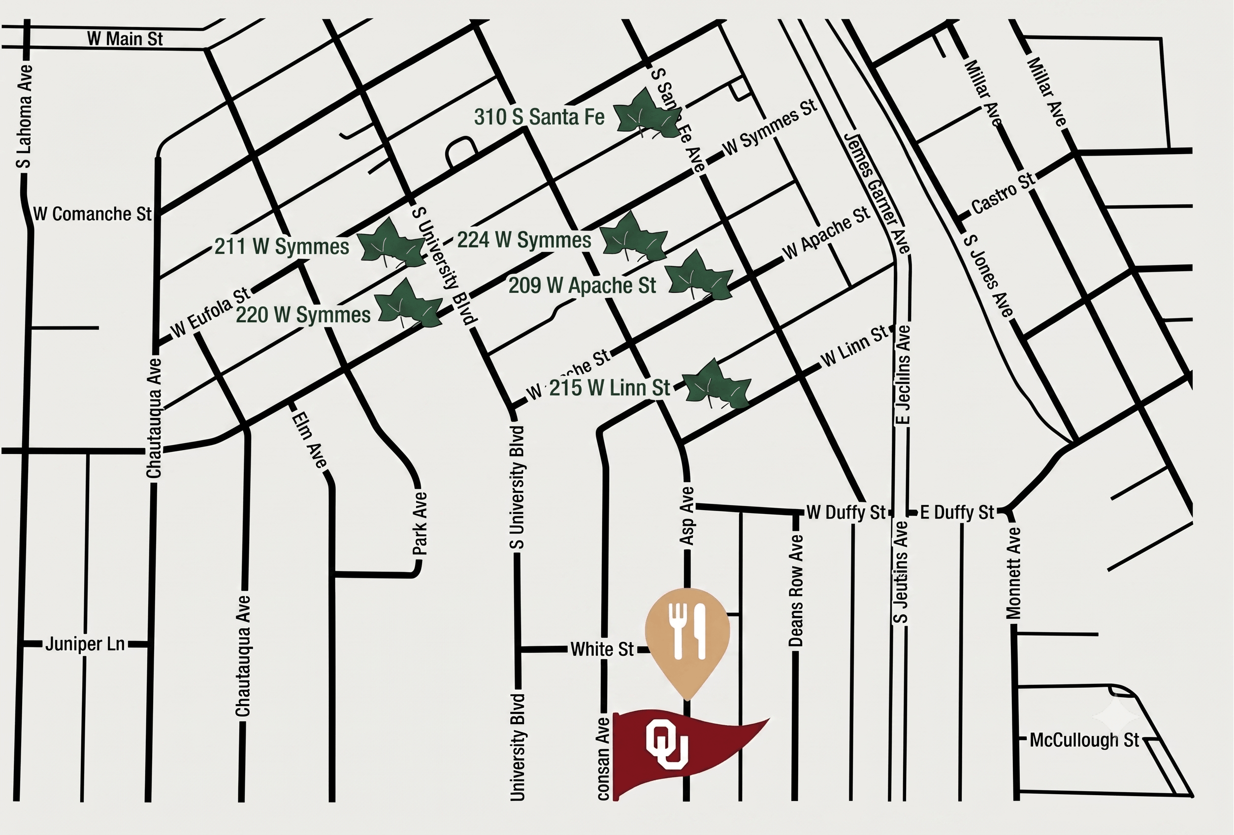 Map of Campus Corner in Norman Oklahoma showing Ivy Properties