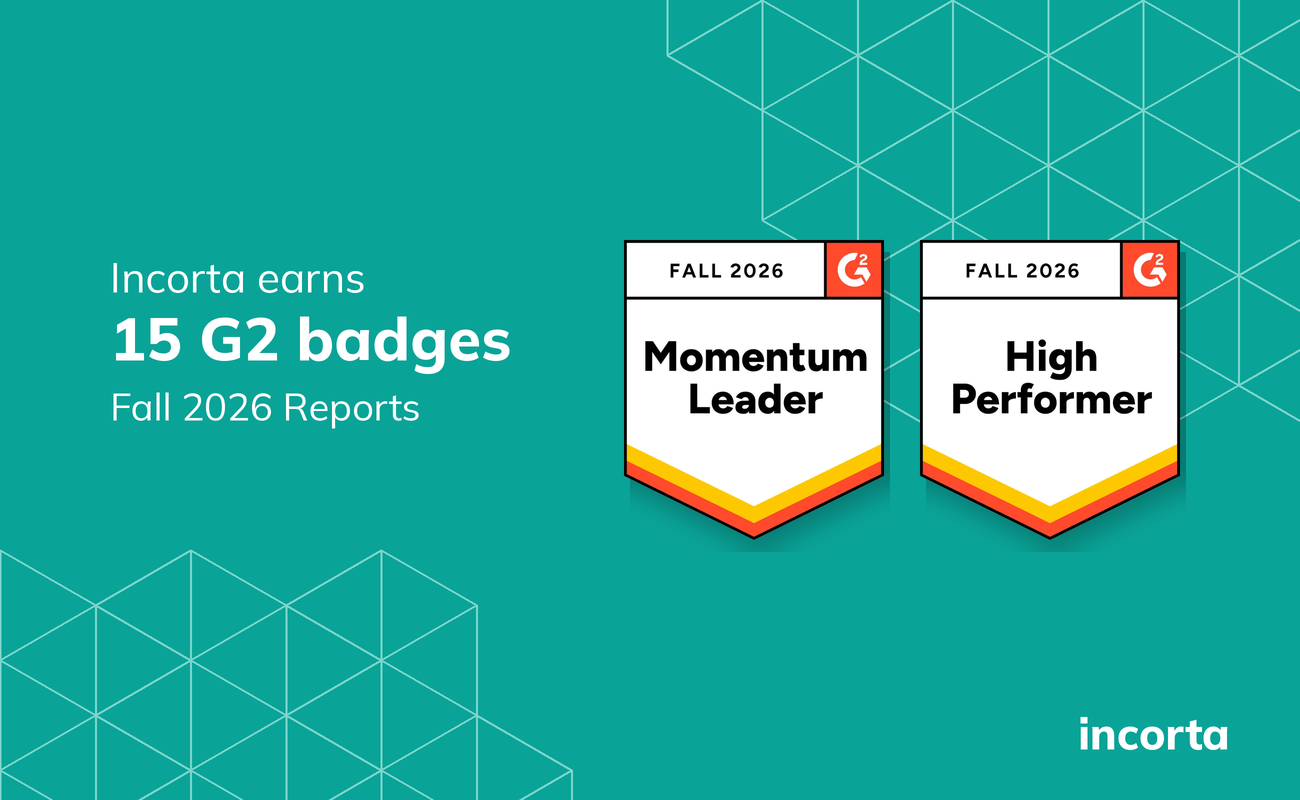 Graphic announces that Incorta earns 15 G2 badges in Fall 2026 reports, featuring two badges labeled Momentum Leader and High Performer with a teal background and geometric line patterns.