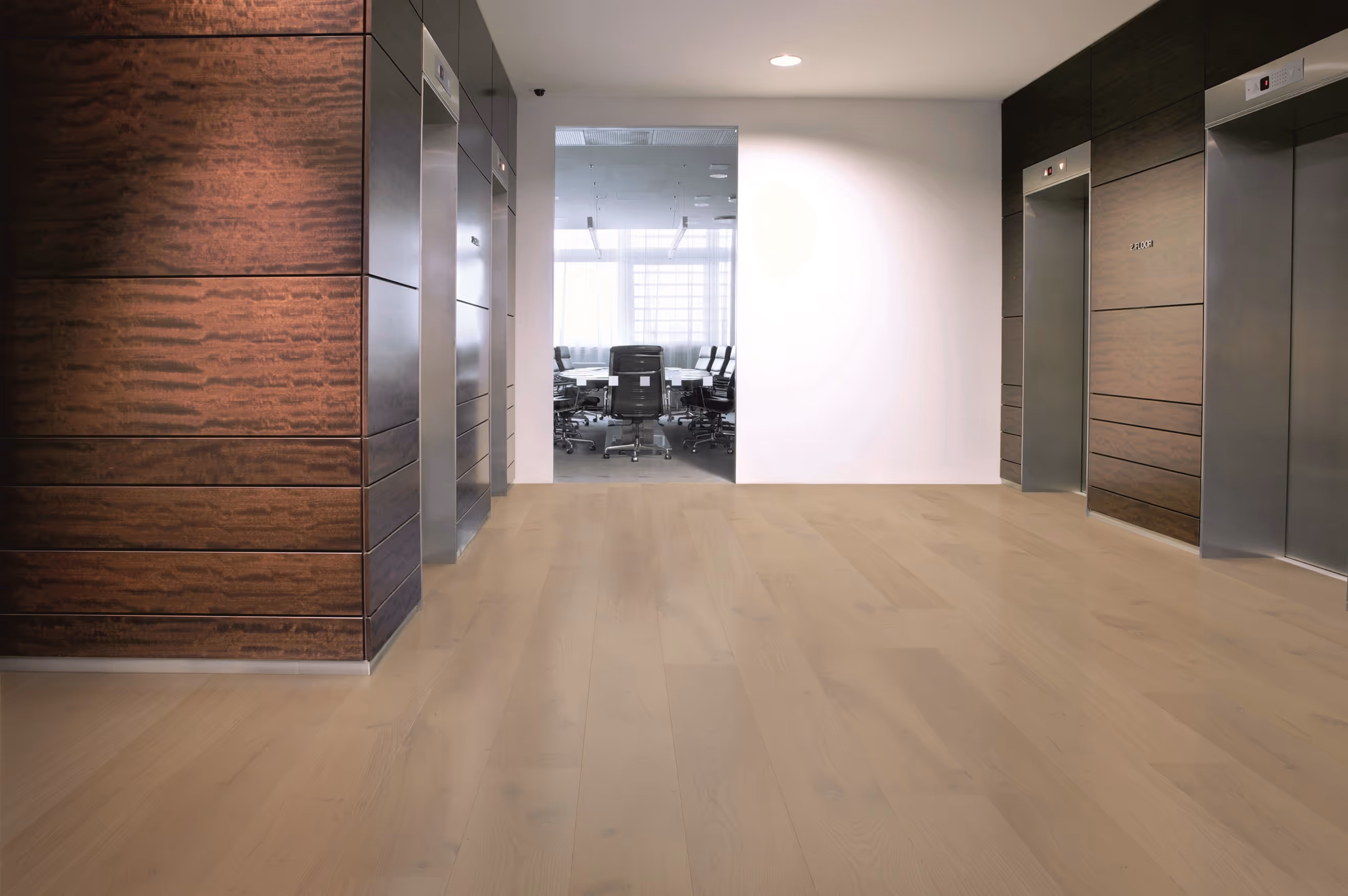 an empty office with an elevator