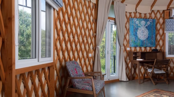 Modern luxury yurts by The Out Factory nestled in lush forest at Machaan eco-resort, Nagarhole