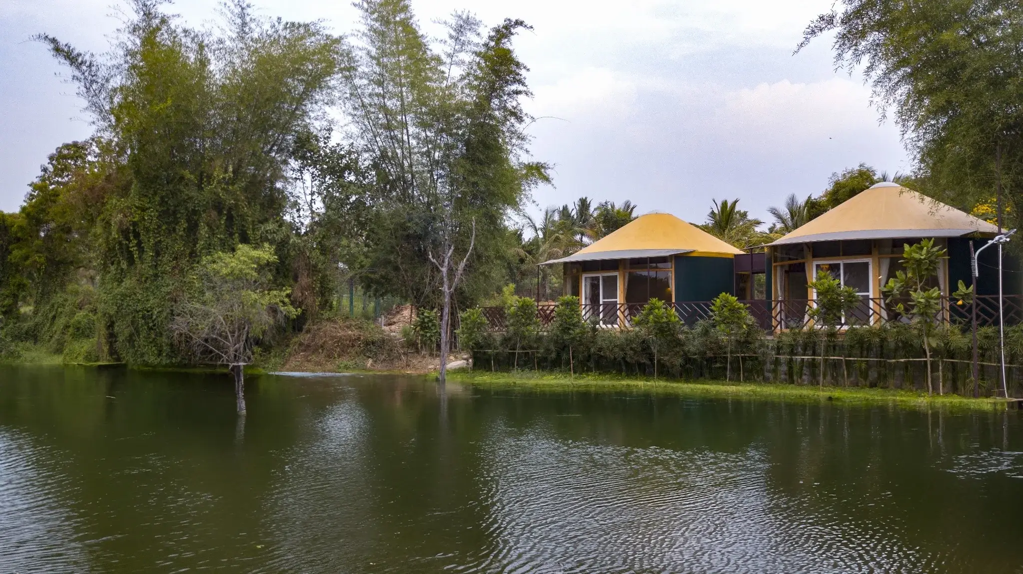 Drone shot of luxury yurt camp with lakeside views, nestled among tall trees and tropical vegetation.