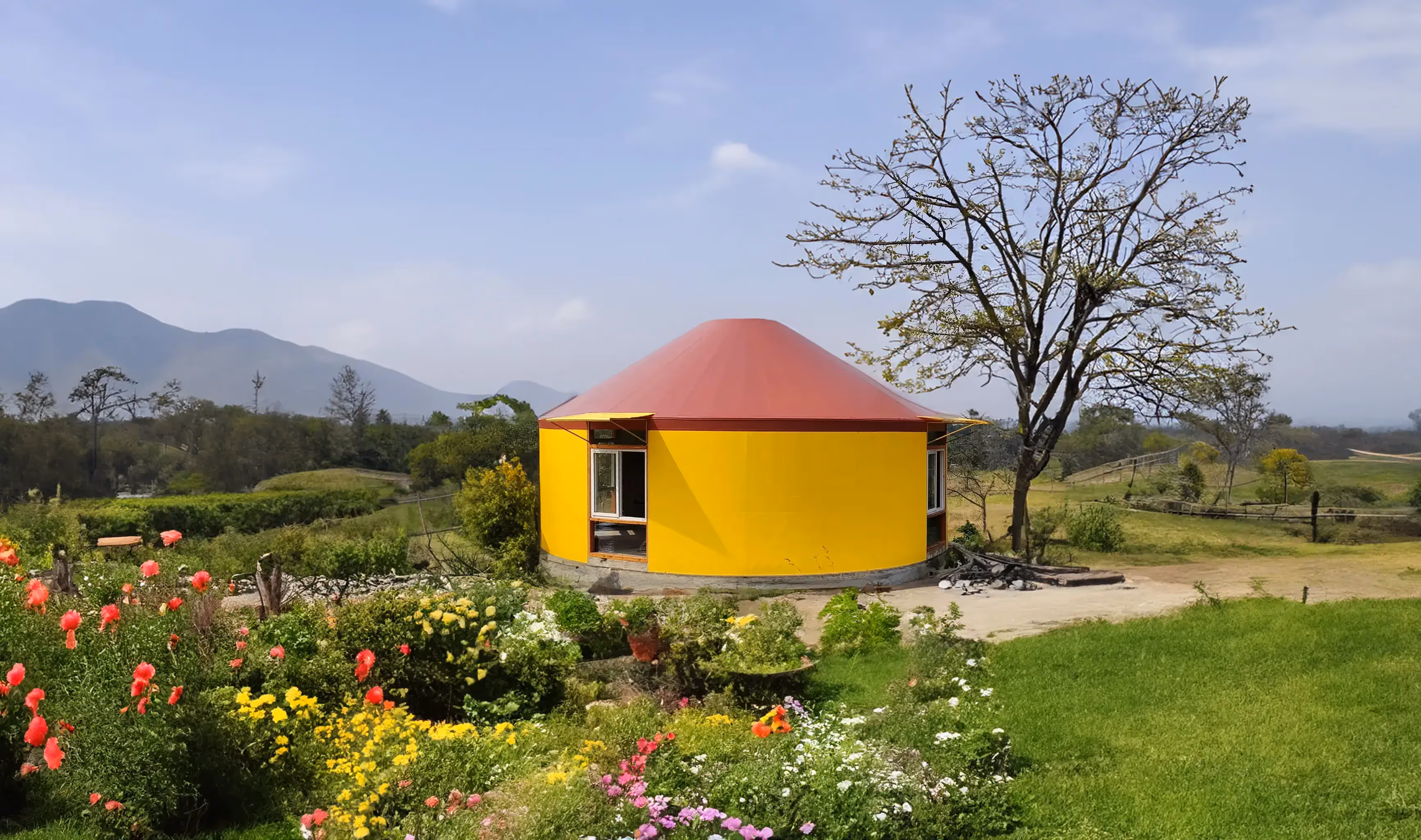 Partially assembled yurt frame set against a clear blue sky.