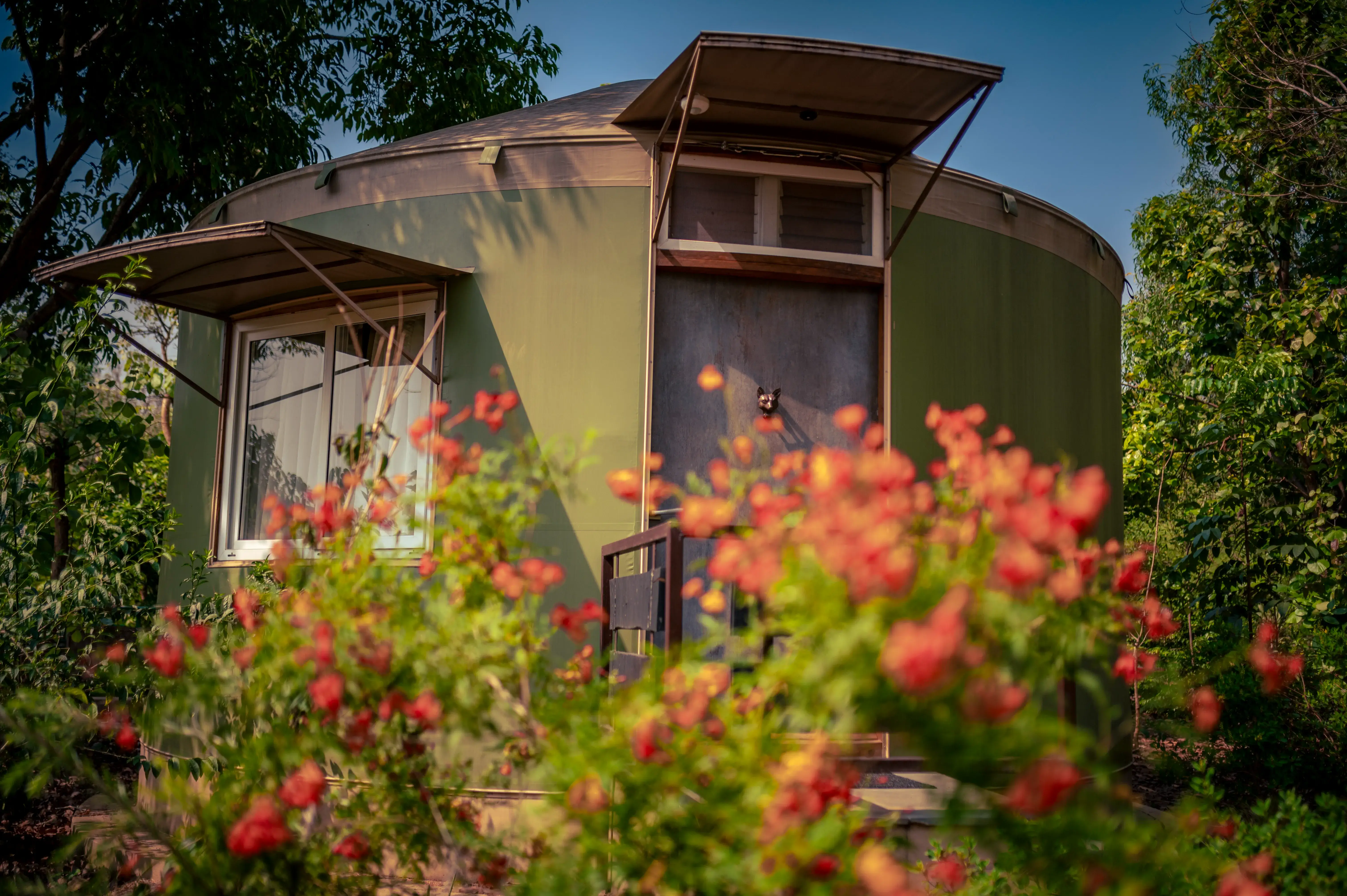 Durable glamping yurt with vented windows and awnings