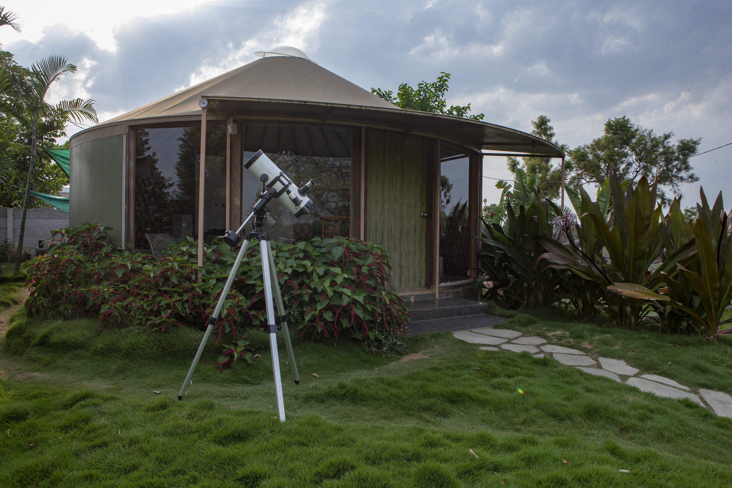 Yurt cabin exterior view, The Out Factory