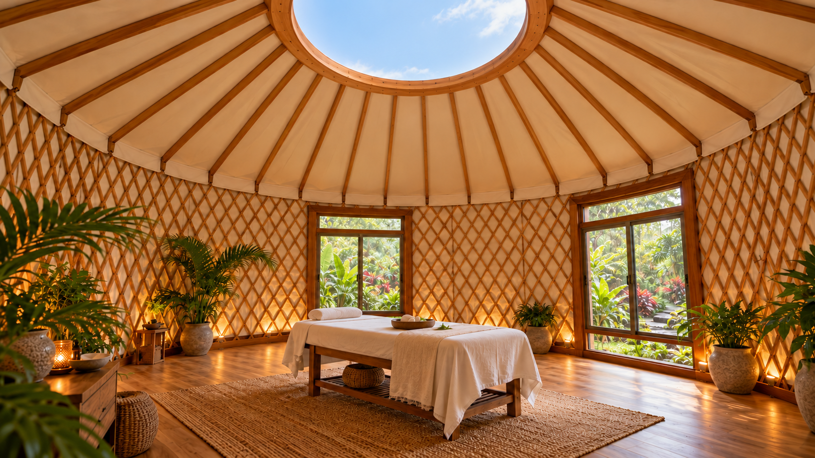 Wellness treatment room inside a yurt cabin