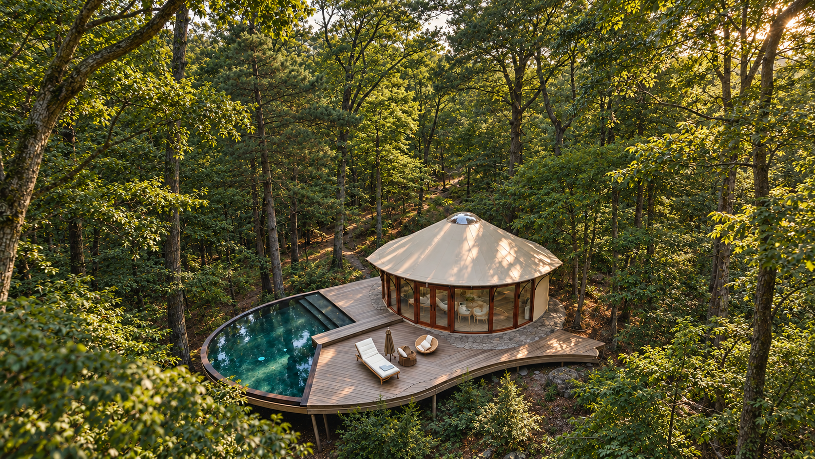 Luxury TOF yurt cabins set in a natural landscape, ready for glamping guests