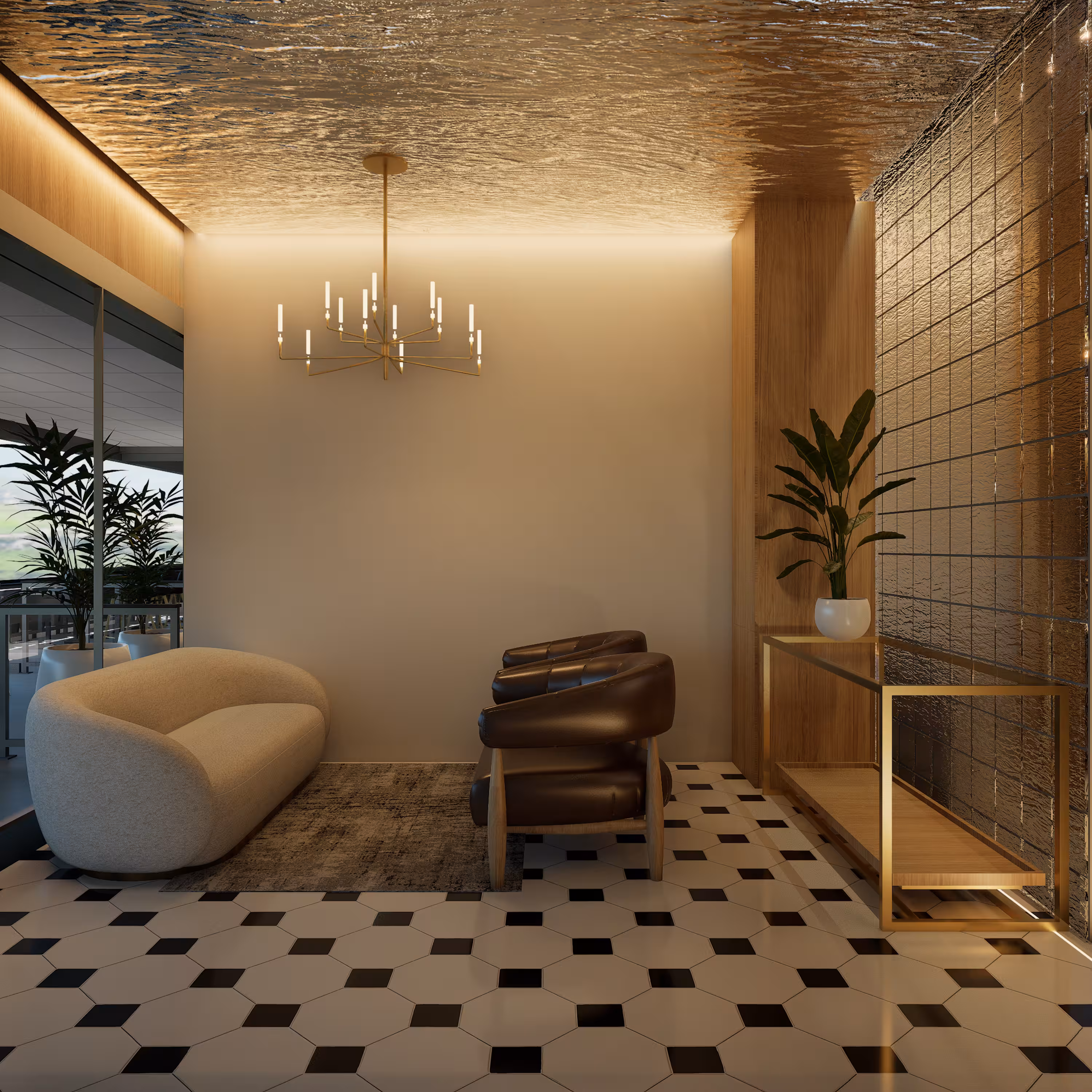 Sala de estar con sofá gris, dos sillones marrones, lámpara colgante y mesa con planta.