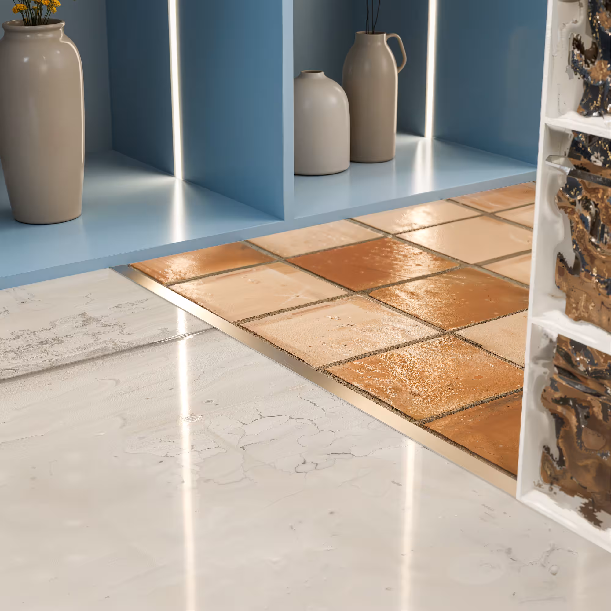 Cocina y comedor modernos con muebles mostaza y mesa de madera con sillas tapizadas blancas.