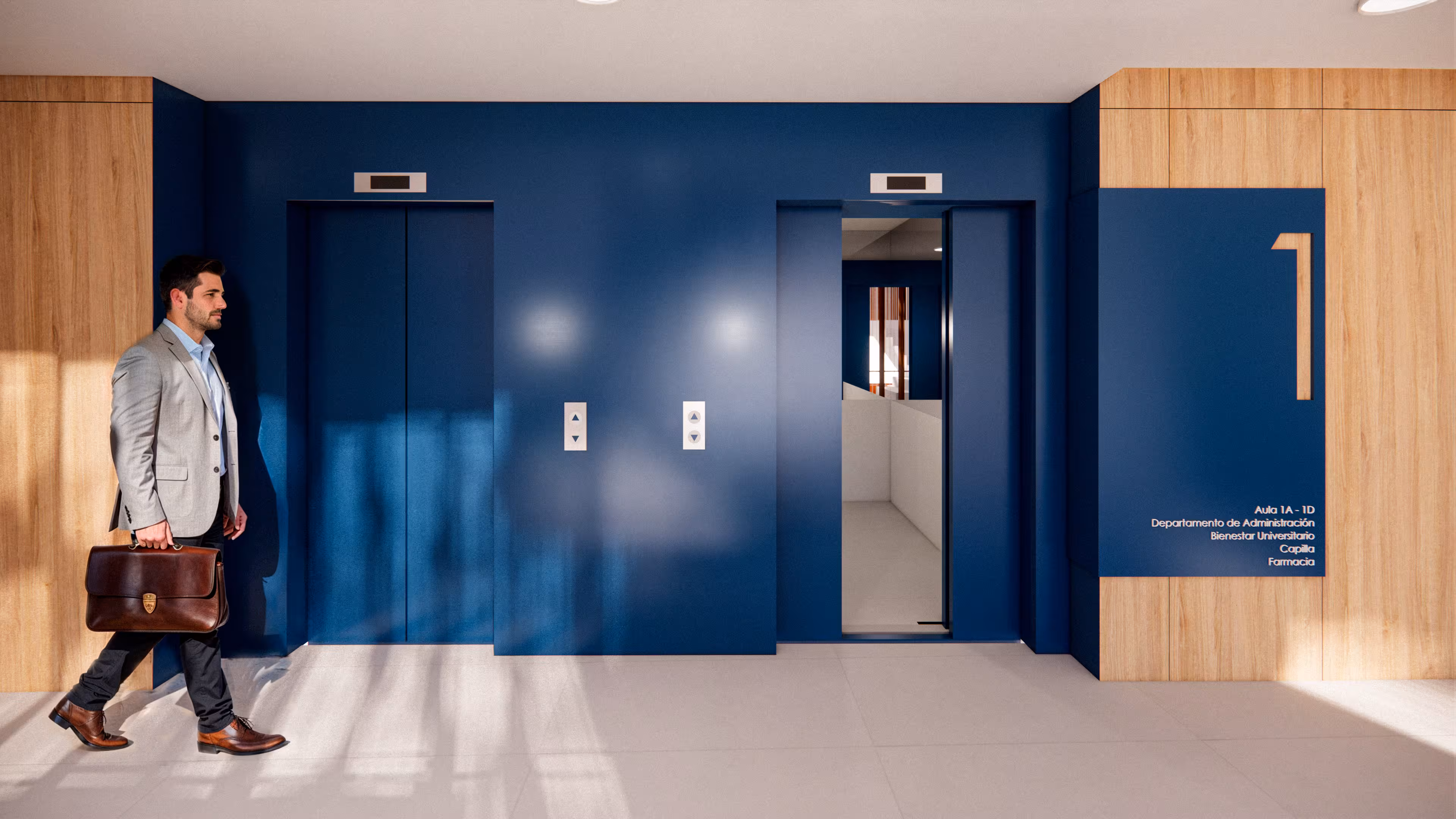 Hombre con maletín camina frente a dos elevadores en pared azul con señalización de piso uno