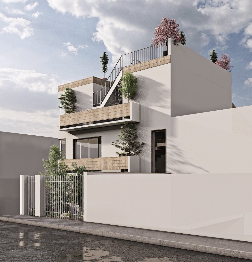 Casa moderna blanca con balcones de madera y árboles pequeños en la azotea y fachadas.