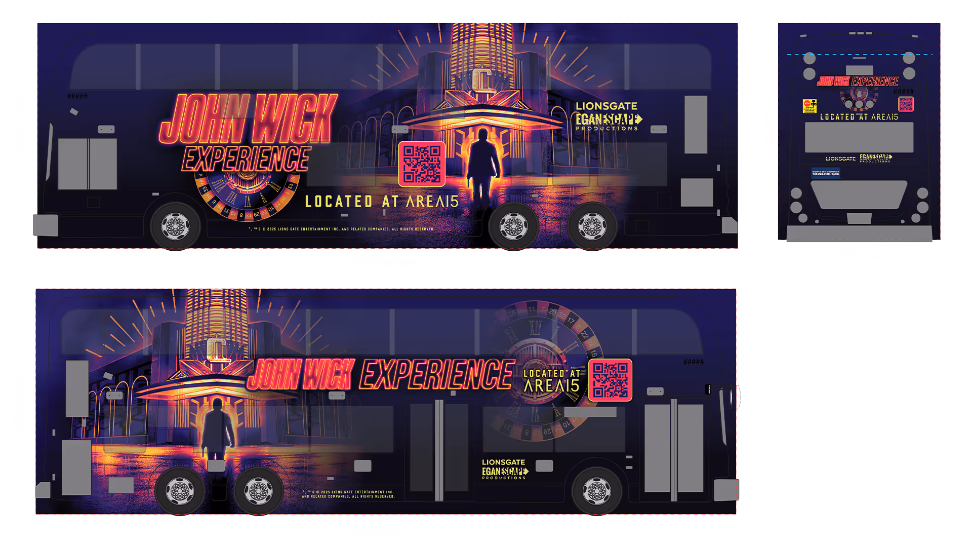 Bus wrap design for John Wick Experience featuring neon pink and yellow text with a silhouette of John Wick standing under a lit marquee in front of an urban building, large QR codes on both sides, and Lionsgate Eganshape Productions logo, with 'Located at Area 15' text.