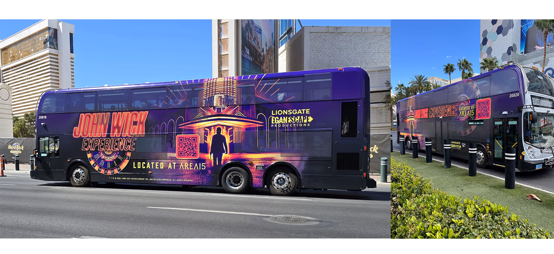 A purple double-decker bus wrapped with colorful advertising for the John Wick Experience at Area15, featuring a silhouette of a person with a gun and logos for Lionsgate and EGAN SCAPE productions, parked on a city street with buildings and palm trees in the background.