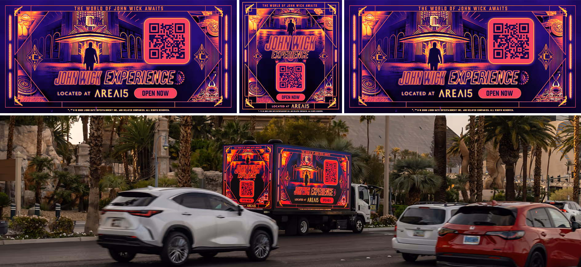 A digital advertising truck on a city street displaying vibrant neon posters promoting the John Wick Experience located at Area15, including a QR code and the call to action 'Open Now'.