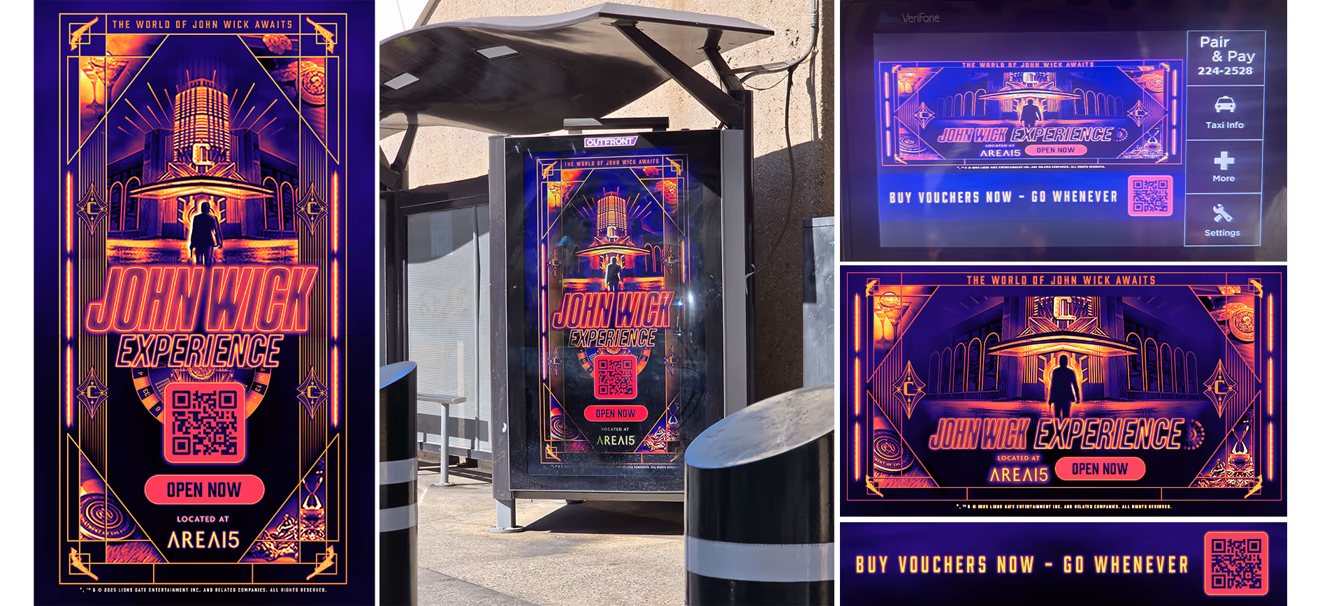 Bus shelter digital ad for John Wick Experience at AREA15 featuring neon purple and orange design with a silhouette of John Wick and a QR code to open now.