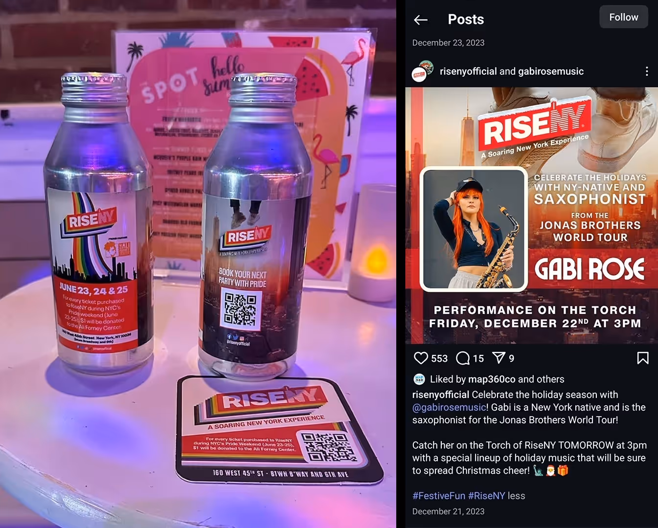 Custom RiseNY water bottle packaging design, and a custom designed instagram social post.